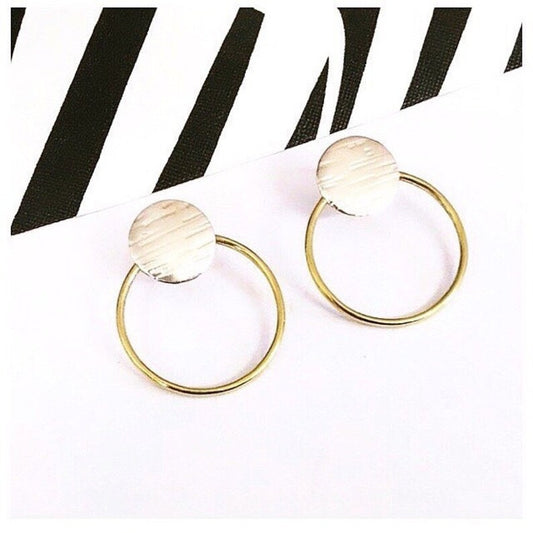 Modern geometric silver disc brass hoop earrings